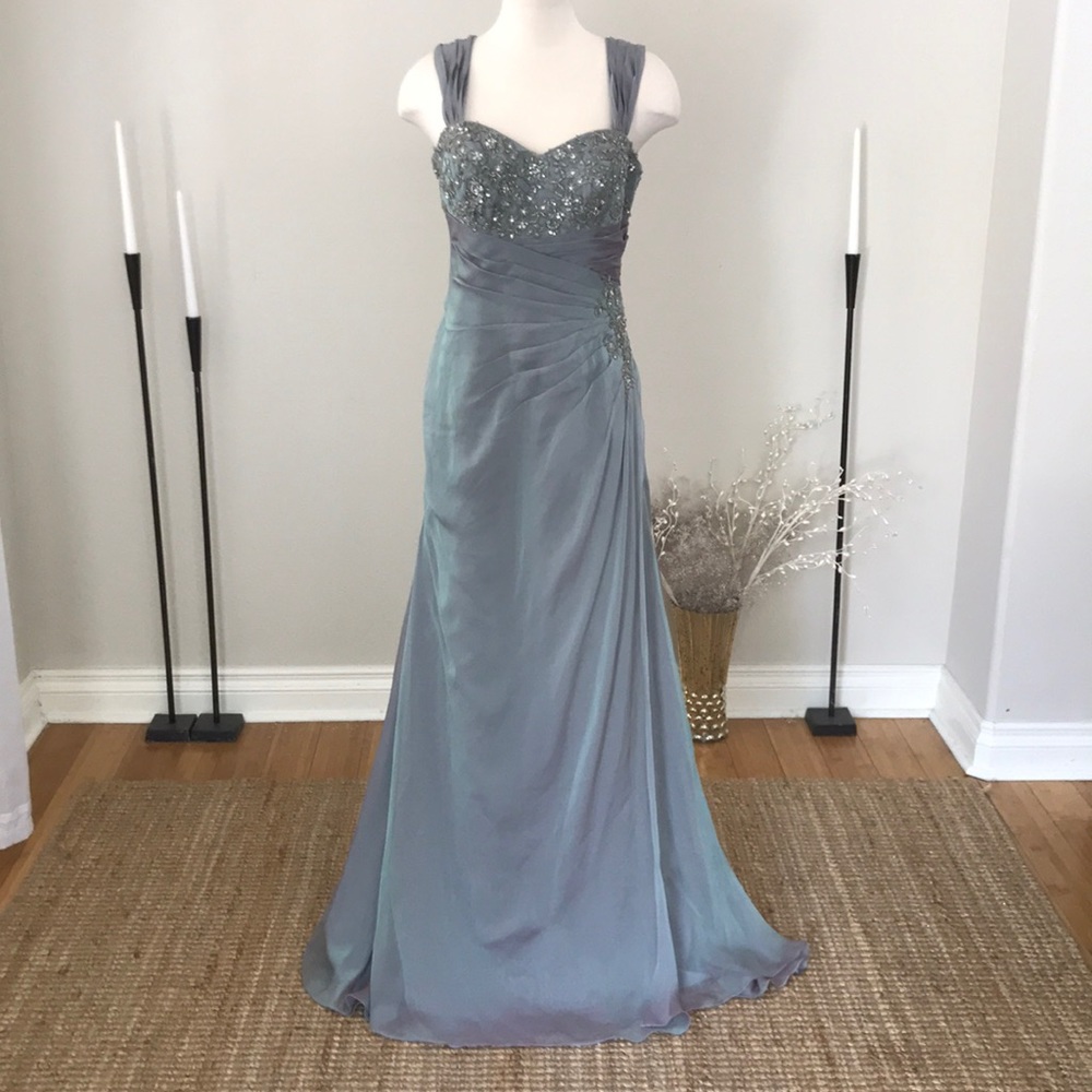 Val Stefani Beaded Sweetheart Prom Gown in Steel Blue